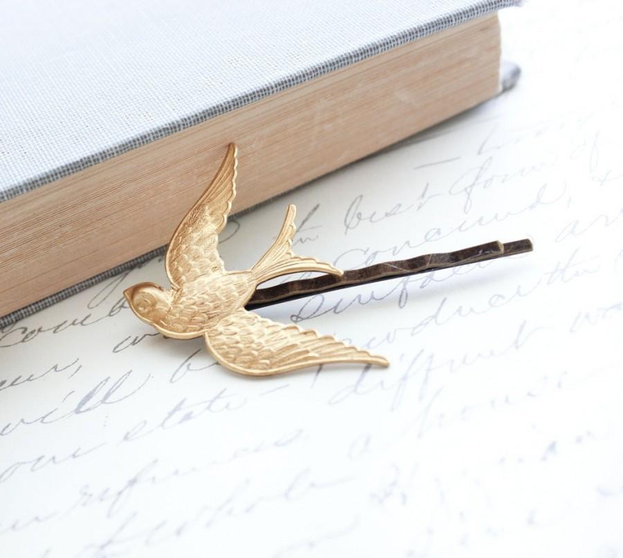 زفاف - Bird Bobby Pin, Flying Bird, Gold Brass, Nature Hair Accessories, Modern Woodland, Flying Swallow Hair Pin