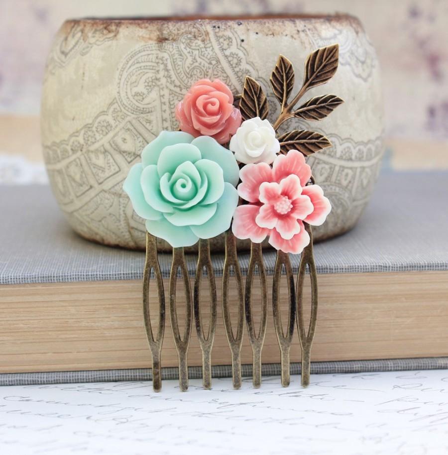 Wedding - Flower Collage Comb Floral Hair Accessories Shabby Style Wedding Bridal Coral Pink Rose White Rose Mint Aqua Antique Gold Brass Leaf Leaves