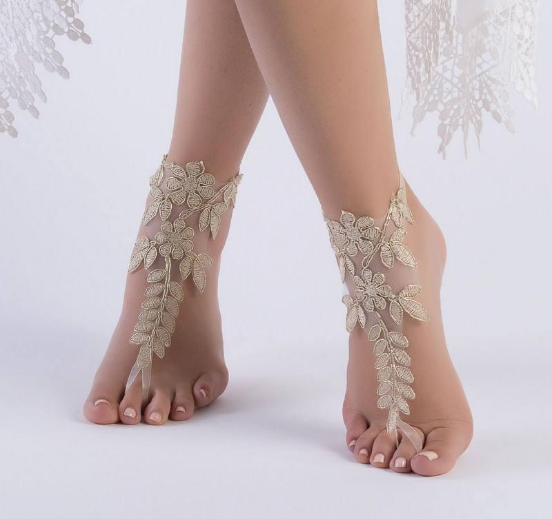 Hochzeit - Gold Lace Beach wedding barefoot sandals, Lace wedding anklet, FREE SHIP, Footless, Bohemian bride wedding gift bridesmaid sandals - $26.90 USD