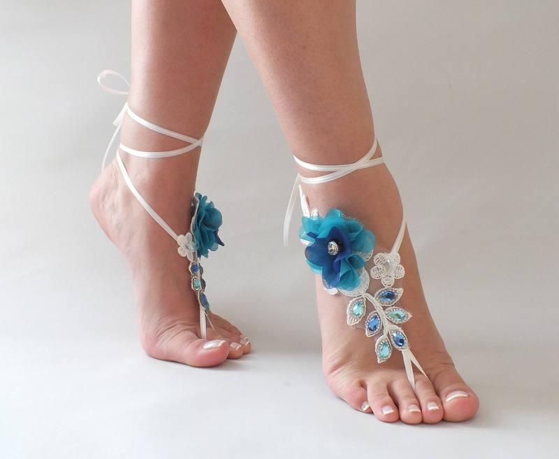 Hochzeit - Lace Barefoot Sandals Ivory peacock Barefoot Sandals peacock flowers rhinestone beach wedding barefoot sandals Beach footless sandles - $35.90 USD