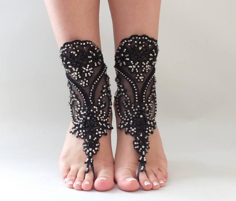Mariage - black silver beaded barefoot sandals Black Sandals Beach wedding barefoot sandals Wedding barefoot black bellydance Bohemian Sandals - $45.00 USD