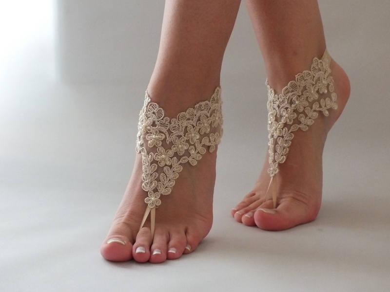Wedding - Champagne Beach wedding barefoot sandals, Lace wedding anklet, FREE SHIP, anklet, bridal, wedding gift bridesmaid sandals Bridal anklet - $25.90 USD