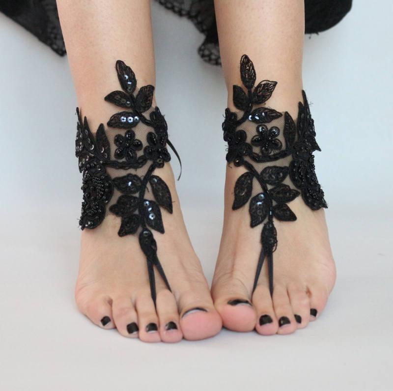 Hochzeit - Black Lace sandals for wedding, Foot Jewelry bridal sandals, wedding sandal, Embroidered anklet, sandles for wedding, Beach sandles, Gothic - $29.90 USD