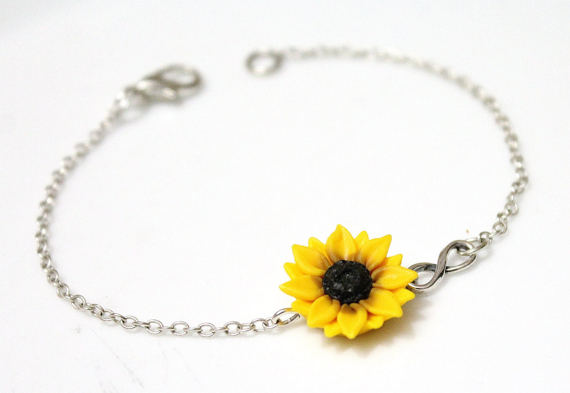 Wedding - Sunflower Infinity Bracelet, Sterling Silver Bracelet, Sunflower Bridesmaid Jewelry, Sunflower Jewelry, Bridal Flowers, Bridesmaid Bracelet