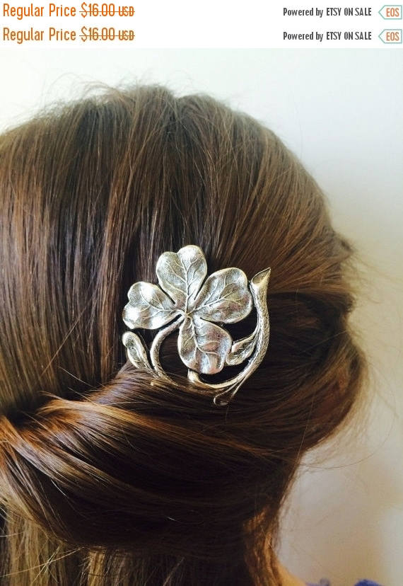 Wedding - Silver clover hair comb, shamrock hair accessory, Irish wedding hair pin