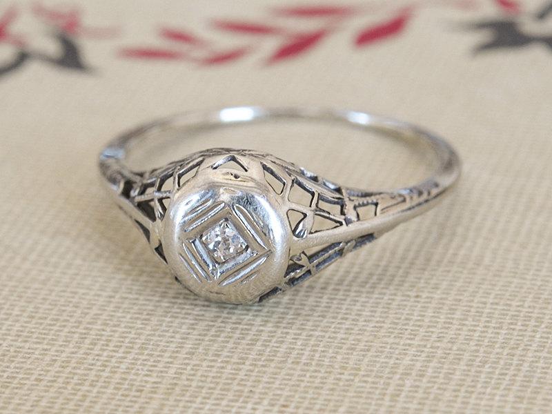 Mariage - 15% OFF, Antique Engagement Ring, Edwardian Filigree Diamond Ring, Vintage Solitaire Diamond Ring, 14k White Gold Art Deco Wedding Band
