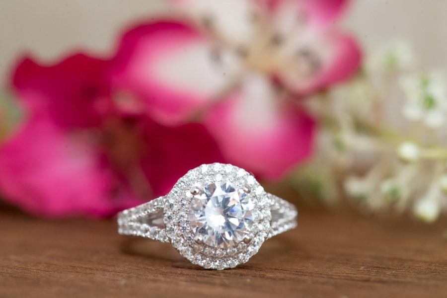 Wedding - Round Double Halo Ring, Wedding Ring, Engagement Ring, Bridal Ring, Split Shank, Diamond Simulants, Sterling Silver