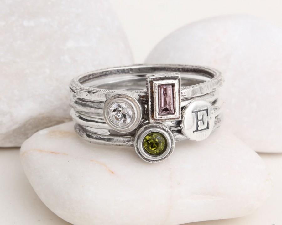 زفاف - Stack Rings, Mothers Ring, Silver Stackable Hand Stamped Custom Mothers Stacking Birthstone Rings and Initials.Design your own ring!
