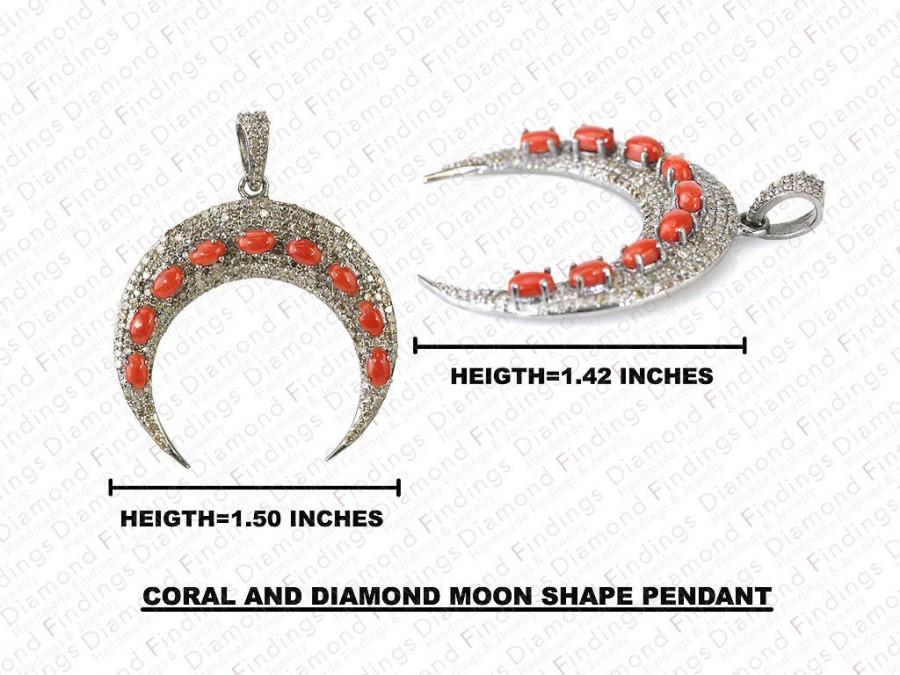 زفاف - Coral And Diamond MOON Shape PENDANT,Double Horn Pendant,crescent Horn Diamond Pendant, Silver Moon Pendant, Diamond Findings, Moon Charms
