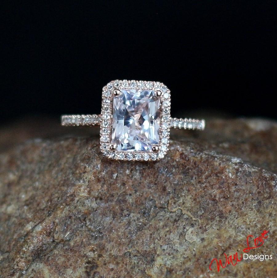 زفاف - Light Pink Sapphire & Diamond Emerald Radiant Halo Engagement Ring 2ct 8x6mm 14k 18k White Yellow Rose Gold-Platinum-Custom-Wedding
