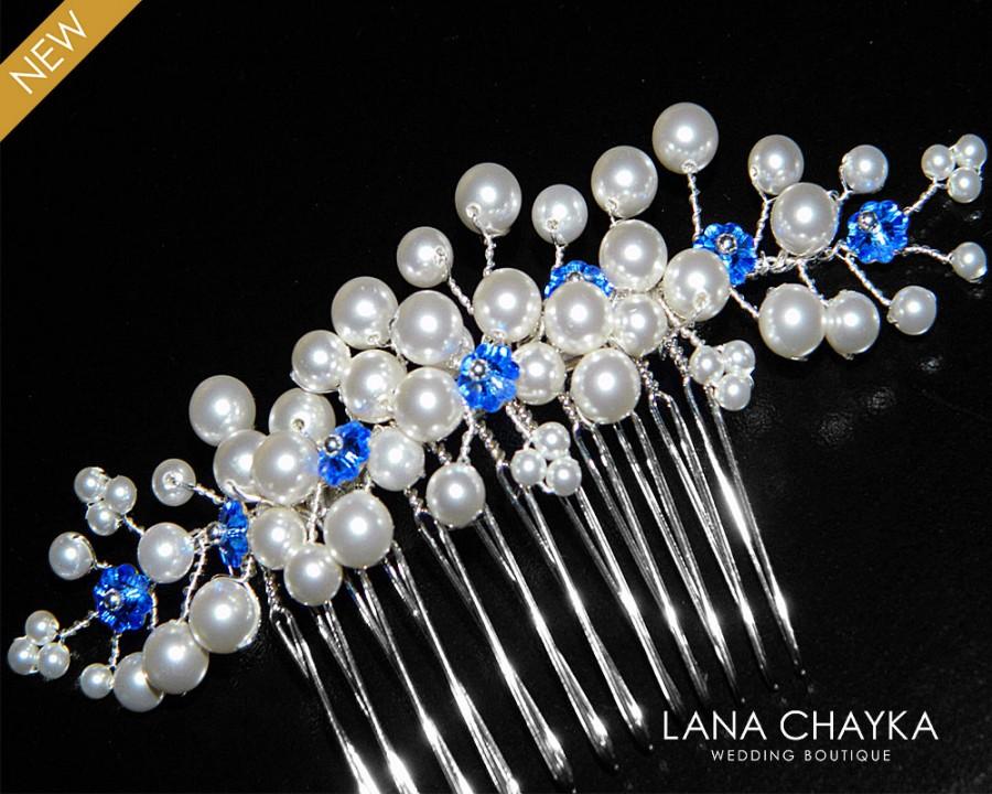 زفاف - White Pearl Royal Blue Bridal Hair Comb Swarovski Pearl Crystal Floral Hair Piece Wedding Pearl Jewelry Sapphire White Pearl Bridal Comb - $29.90 USD