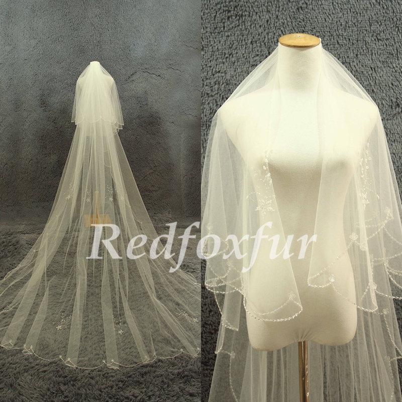 Hochzeit - 2T Cathedral Veil,Ivory Bridal Veil,Hand-beaded Veil,Crescent edge veil,3m veil,Wedding dress veil,Wedding Accessories With comb