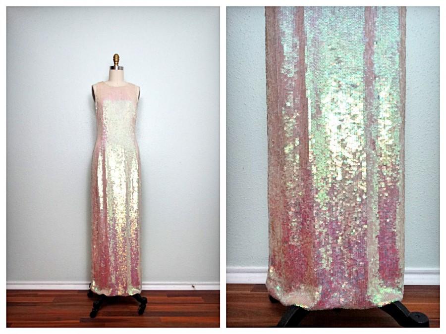 Wedding - SHIMMERING Opalescent Sequin Gown // Iridescent Rainbow Pink Sequined Beaded Dress