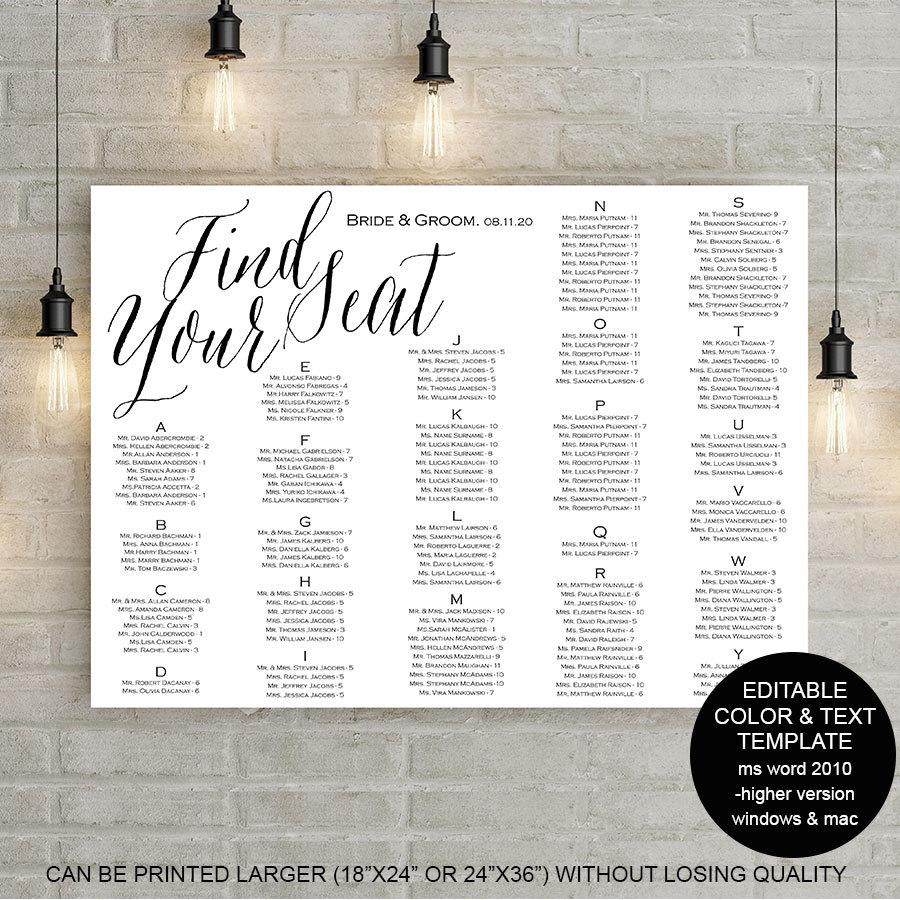Wedding - Printable,Wedding seating chart. template, poster, sign, instant download, alphabetical, find your seat, S13