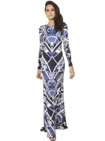 Hochzeit - EMILIO PUCCI Blue Multicolor Printed Viscose Jersey Maxi Dress