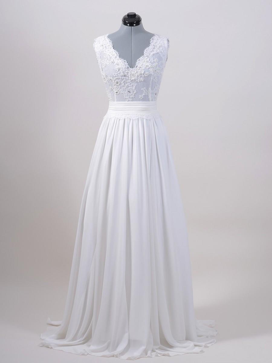 Hochzeit - Lace wedding dress, wedding dress, bridal gown, sleevelss V-back alencon lace with chiffon skirt.