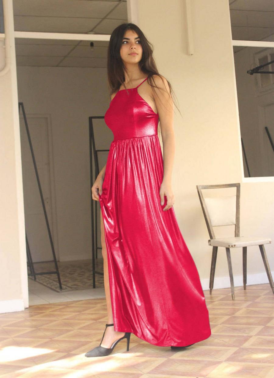 red sequin maxi dress with split