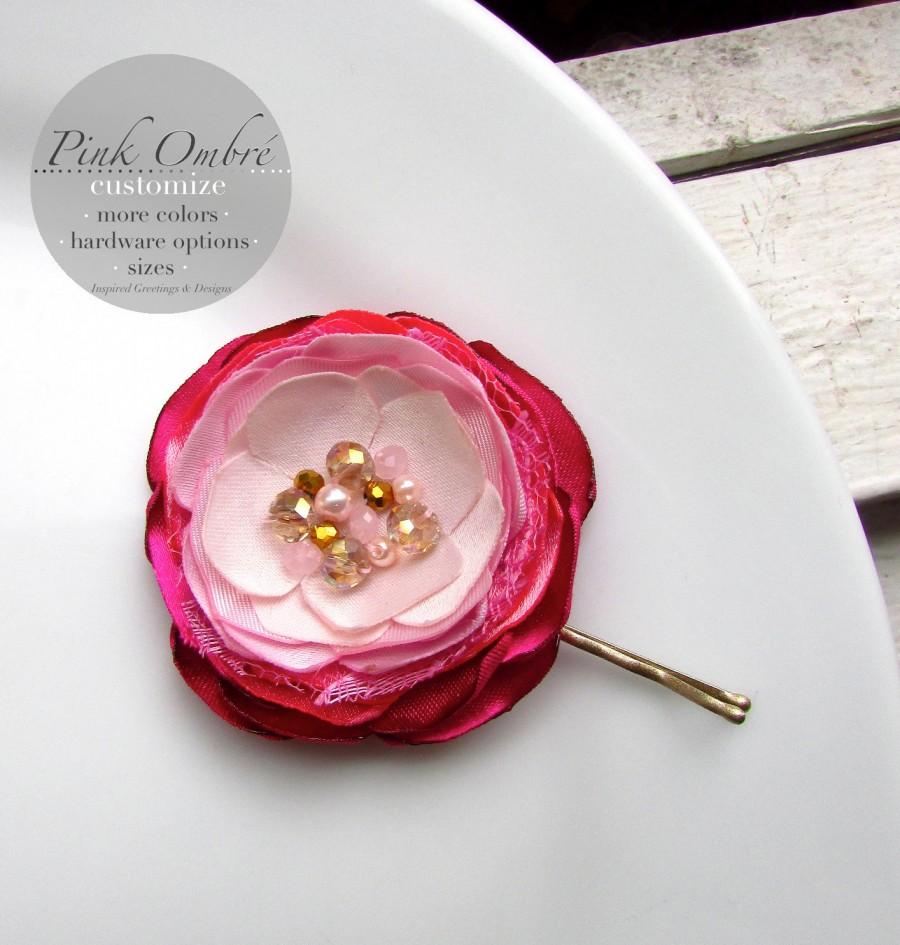 زفاف - Blush Hot Pink & Gold Flower Hair Piece, Pink Silk Fabric Flower Pin for Dress, Beaded Crystal Pearls, Satin Fuchsia Bridesmaid Hairpiece