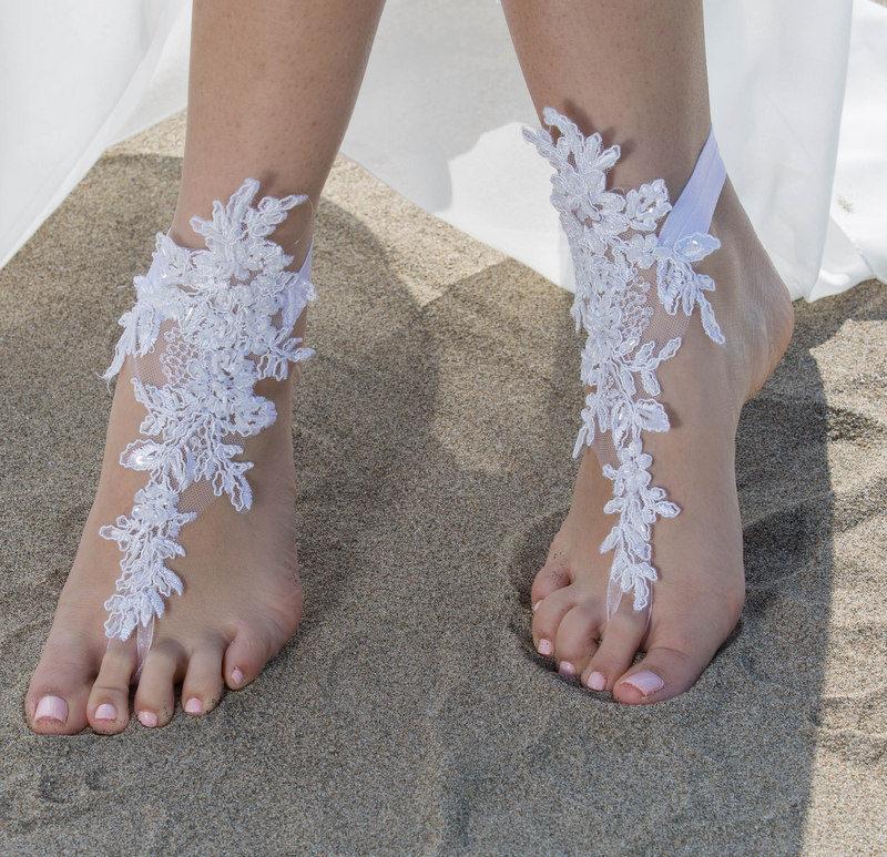 زفاف - White Lace Sandals Beach wedding Barefoot Sandals White Lace Barefoot Sandals, Lace Barefoot Sandals, Bridal Lace Shoes,Foot Jewelry - $33.90 USD