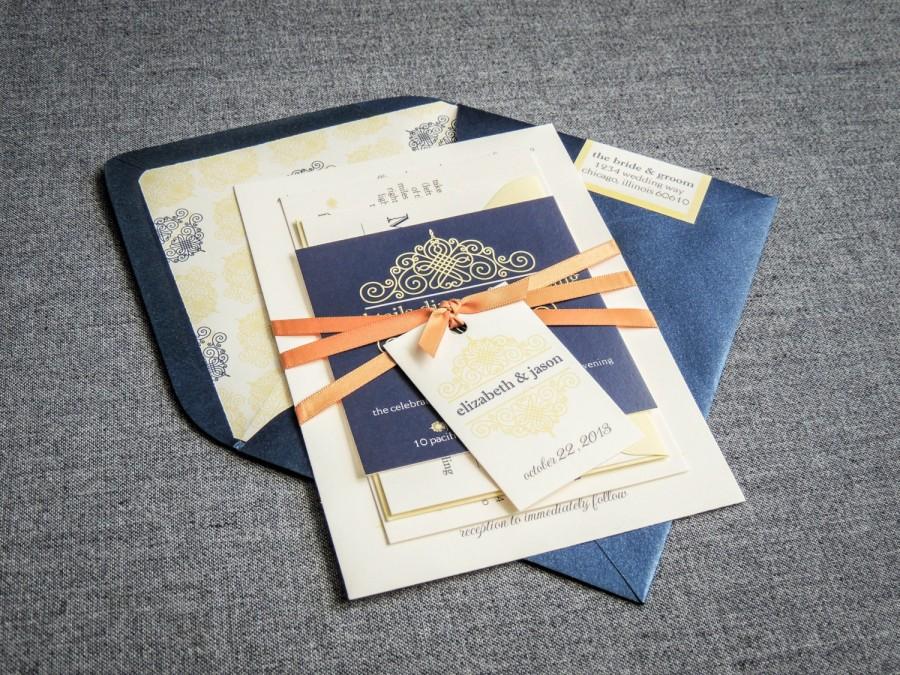 Свадьба - Navy Blue Wedding Invitations, Elegant Invitation Suite, Blue and Yellow Invitations - "European Scroll" FP-NL-v1
