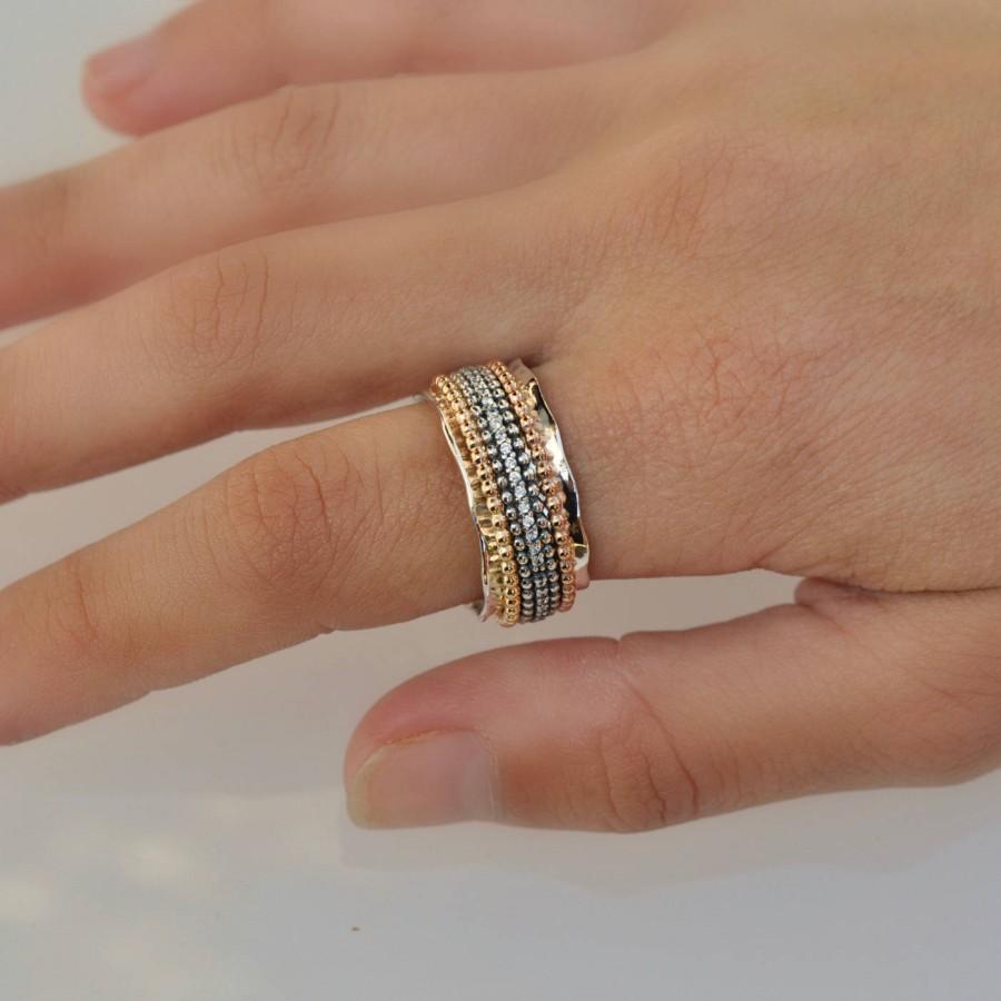 Wedding - CZ Fidget Ring, Spinner fidget, Fidget Spinner, Tri color ring, Multi color spinner ring, Silver and gold Spinner Ring, Meditation Ring, - $220.00 USD
