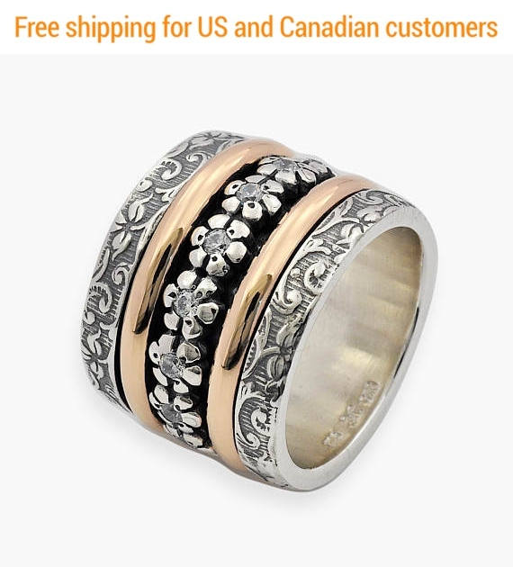 Wedding - Oxidized Silver and Gold Spinner Ring, Cubic Zirconia Spinner Ring, Wide Spinner Ring, Floral Spinner Ring, Wide spinner Ring, Spinner Band - $450.00 USD