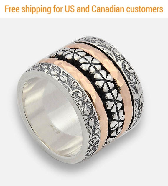 زفاف - Silver and Gold Floral Spinner Ring, large spinner Ring, Flower Spinner Band, Two tone Wedding Ring, Unique Handmade Band, Silver Thumb Ring - $350.00 USD