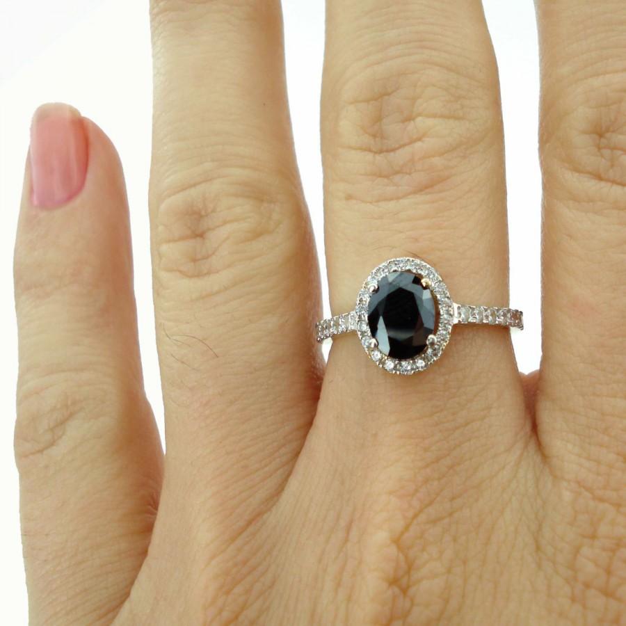 Wedding - 14K Engagement Ring, 14K Solid Gold Ring, Halo Black Gemstone in 14K Yellow Gold, Bridal Jewelry, Diana Look Alike Ring, Free Shipping