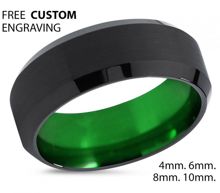 Hochzeit - Tungsten Ring Mens Black Green Wedding Band Tungsten Ring Tungsten Carbide 8mm Tungsten Man Wedding Male Women Anniversary Matching Sizes