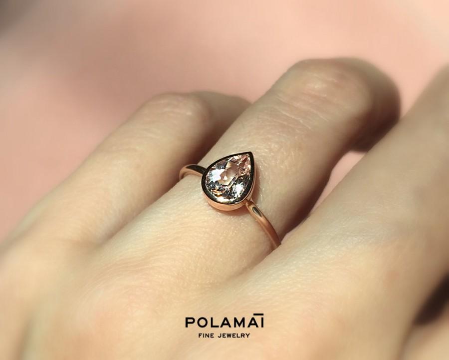 Mariage - Morganite Pear Ring 14k Solid Gold . Bezel Set Stacking Ring . 7mm Pear Cut Engagement Ring . Yellow White Rose Gold . Polamai