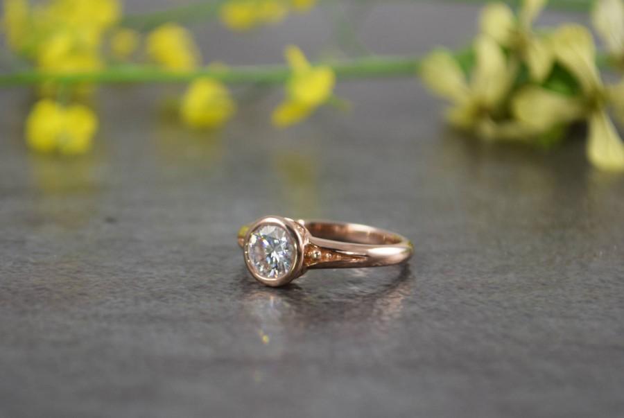Hochzeit - Rose Gold .75ct Forever One Moissanite Bezel Set Engagement Ring - 14K