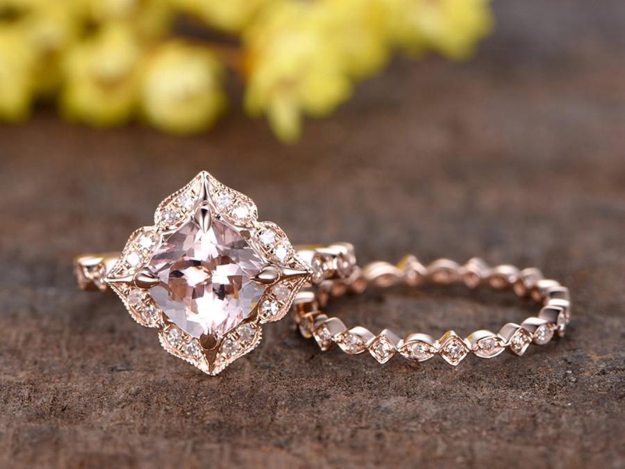 Hochzeit - 7mm cushion cut morganite engagement ring set,14k rose gold diamond wedding band,2pcs bridal ring set,1.5ct pink Gem diamond matching band