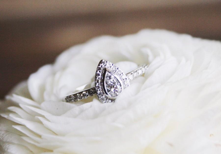 Hochzeit - Pear Shape Diamond Engagement Ring, White Gold Tear Drop Diamond Ring, Diamond Halo Pear Shaped Ring