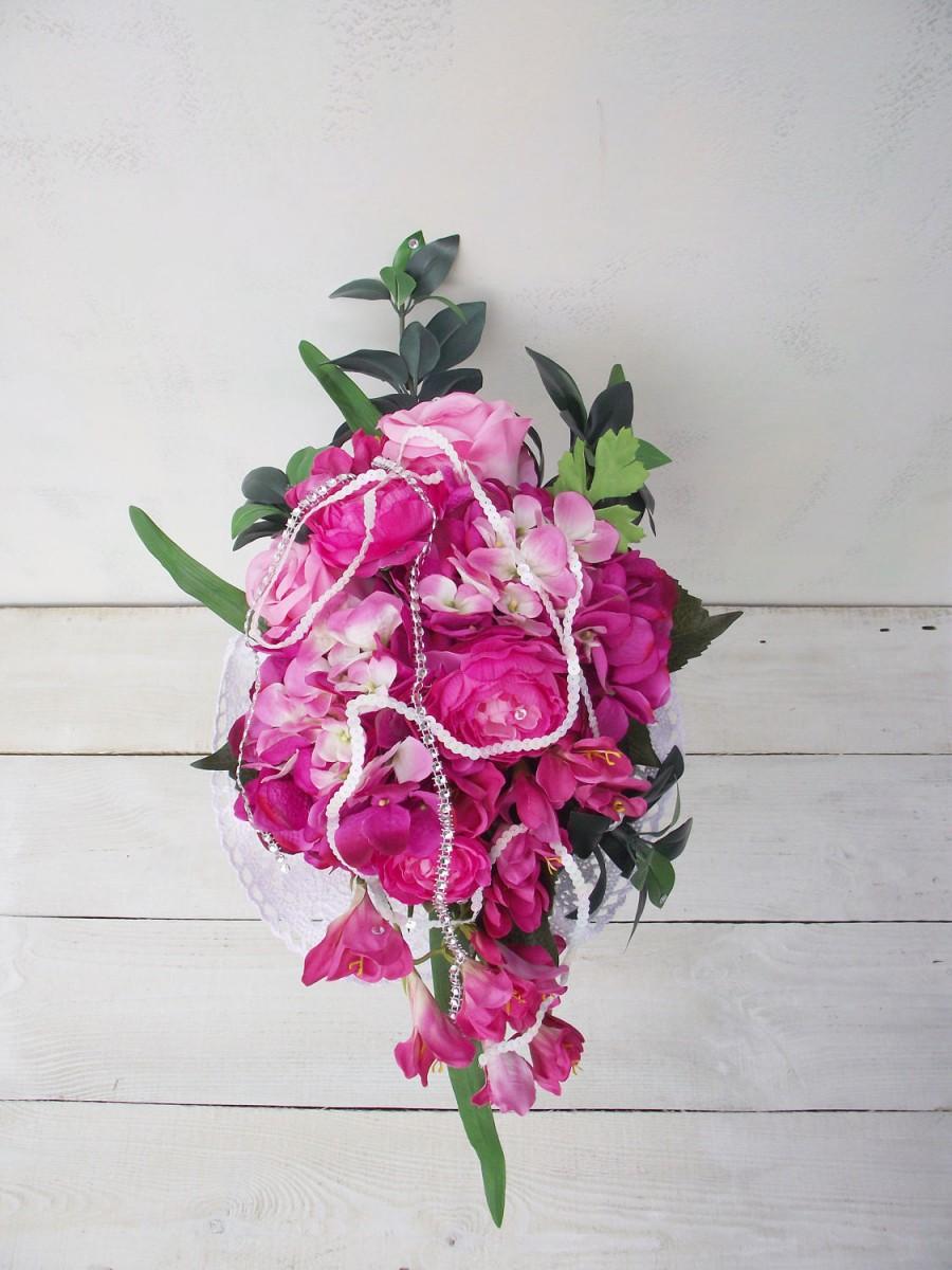 Hochzeit - Teardrop bridal bouquet artificial wedding flowers pink rose ranunculus hydrangea freesia sequin ribbon wedding bouquet cascade bouquet