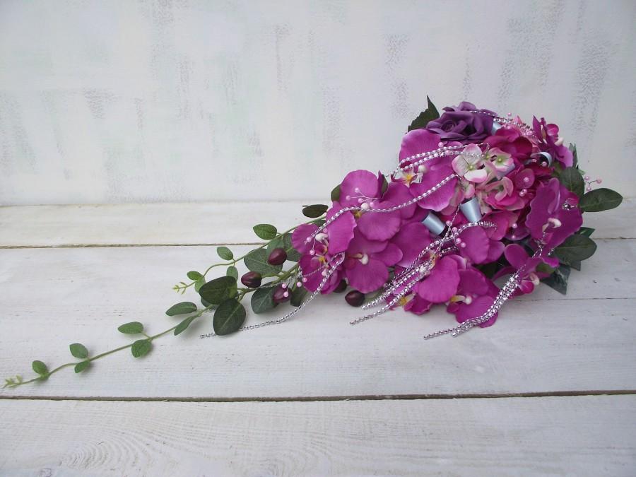 Mariage - Wedding flowers silk bridal bouquet cascade bridal bouquet pink purple orchid hydrangea rose teardrop bouquet artificial bouquet jewelry
