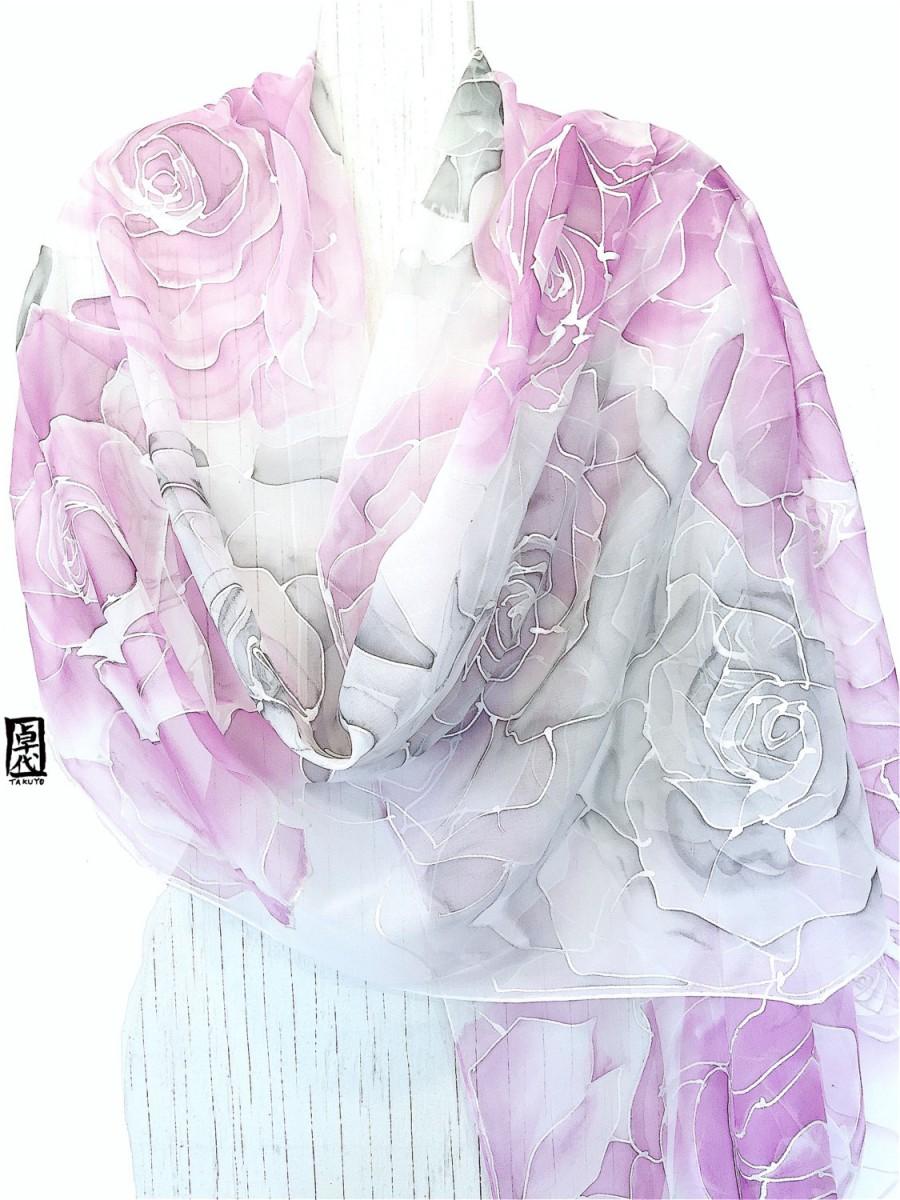 Wedding - Silk Wedding Scarf, White Bridal Scarf, Shawl Summer Wrap, Summer Kimono Sheer, Handpainted Scarf, Ethereal Pink and Gray Roses, 22x90 in.