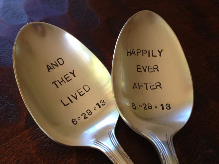 زفاف - And they lived happily ever after  Wedding Spoons Hand Stamped Vintage Silverplate