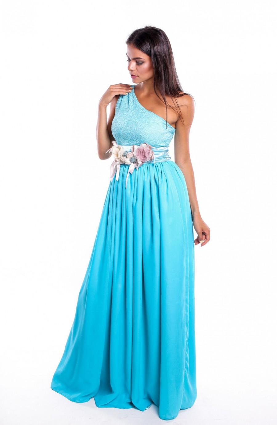 Свадьба - New 2016 Blue Bridesmaid dress Long.Evening One Shoulder Lace Chiffon Dress With Flowers,Chiffon Bridesmaid Prom Dresses 2016