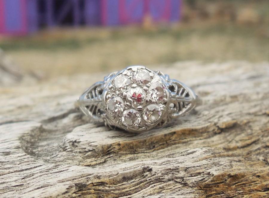 Mariage - Antique Engagement Ring .56ct Old European Cut Diamond Unique Engagement Ring Antique Vintage Cluster Ring 14k White Gold Filigree