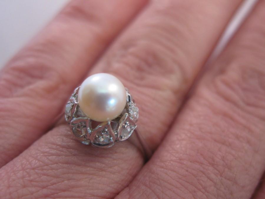 زفاف - 18k White Gold Ring with 0.4 ct Diamonds and 7mm-7 1/2mm Natural Pearl Size 6.5 - Engagement Ring - Anniversary
