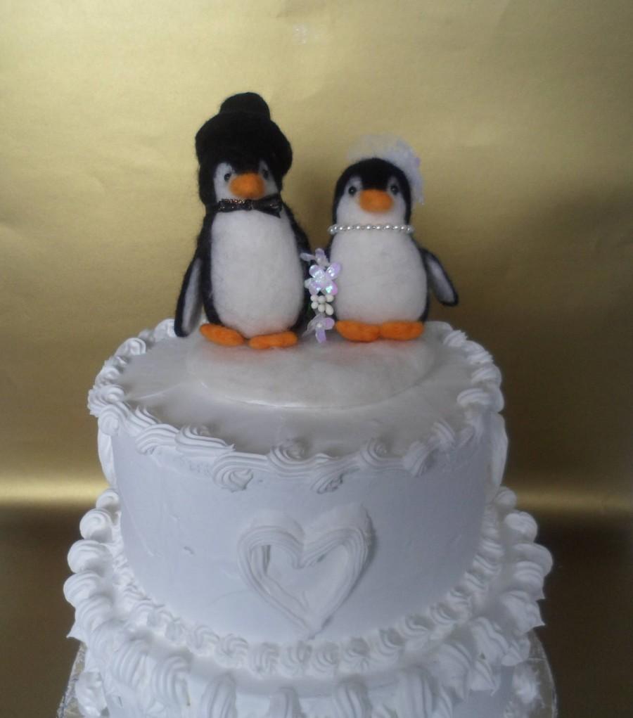 Wedding - Penguin Wedding Cake Topper Needle Felt with Top Hat and Fascinator