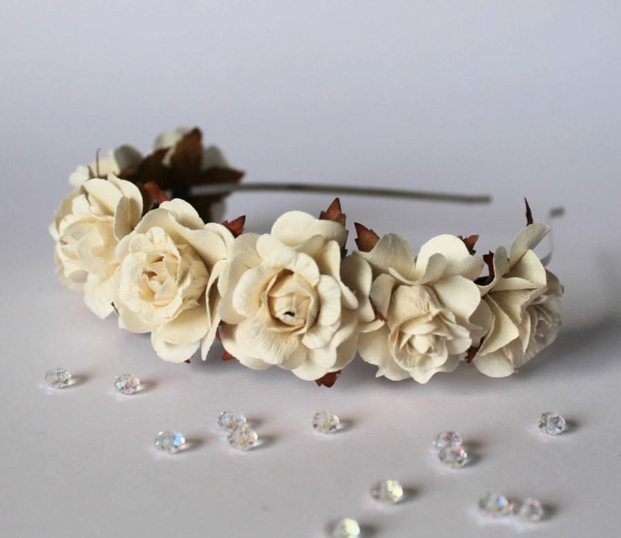 زفاف - Cream Paper Rose Floral Alice Headband, Bridesmaid, Flower Girl, Boho Wedding, Festival, Prom