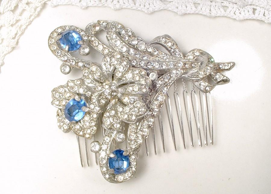 زفاف - Antique Sapphire Vintage Wedding Hair Comb, 1920s Art Deco Bridal Headpiece, Large Navy Blue Rhinestone Flower Hairpiece, Something Blue Old