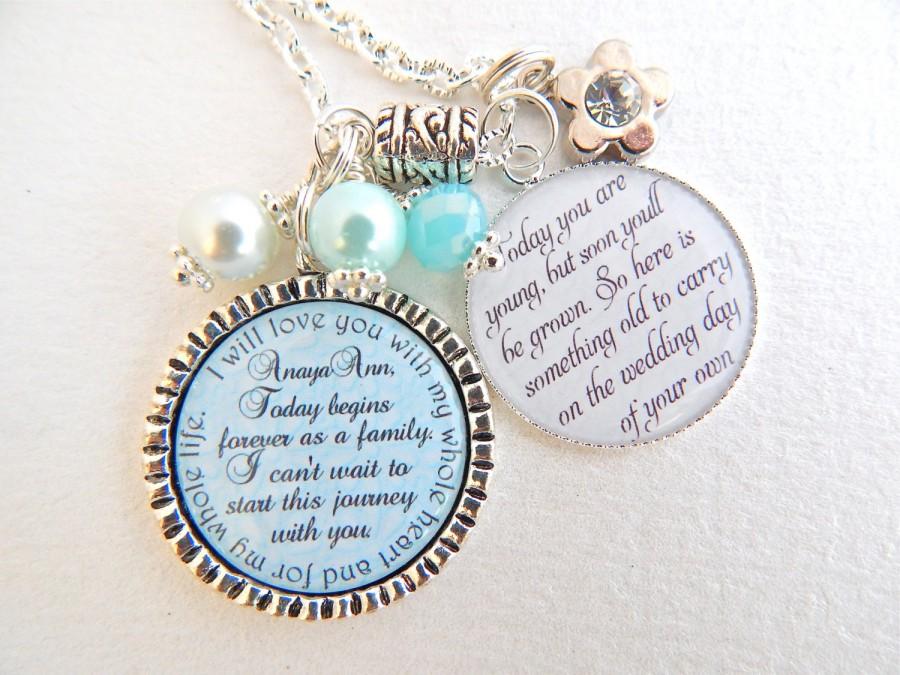 Wedding - Step Daughter Gift FLOWER GIRL Gift BLUE Chram Necklace I will love you with my whole heart Wedding Quote Blended Family Gift Wedding Gift