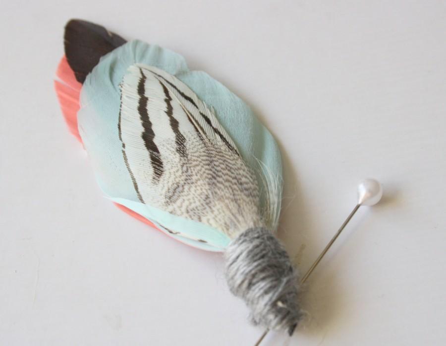زفاف - AUGUST Feather Boutonniere in Persimmon Pink, Mint, and Brown with Striped Feather and Grey Wool Wrap