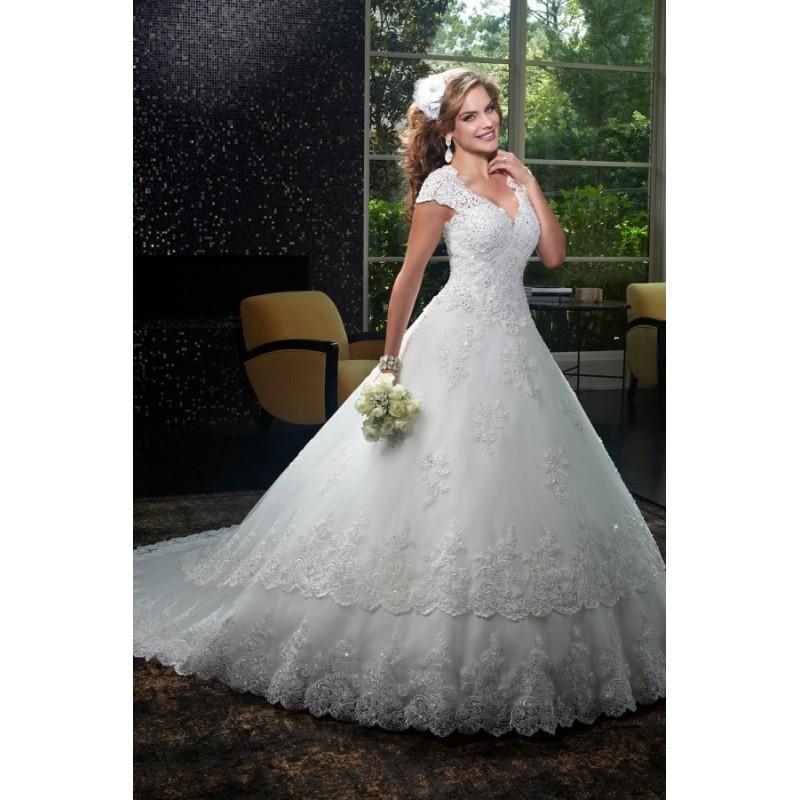 Wedding - Style 6401 by Mary's Bridal - Chapel Length V-neck LaceTulle Ballgown Floor length Cap sleeve Dress - 2017 Unique Wedding Shop