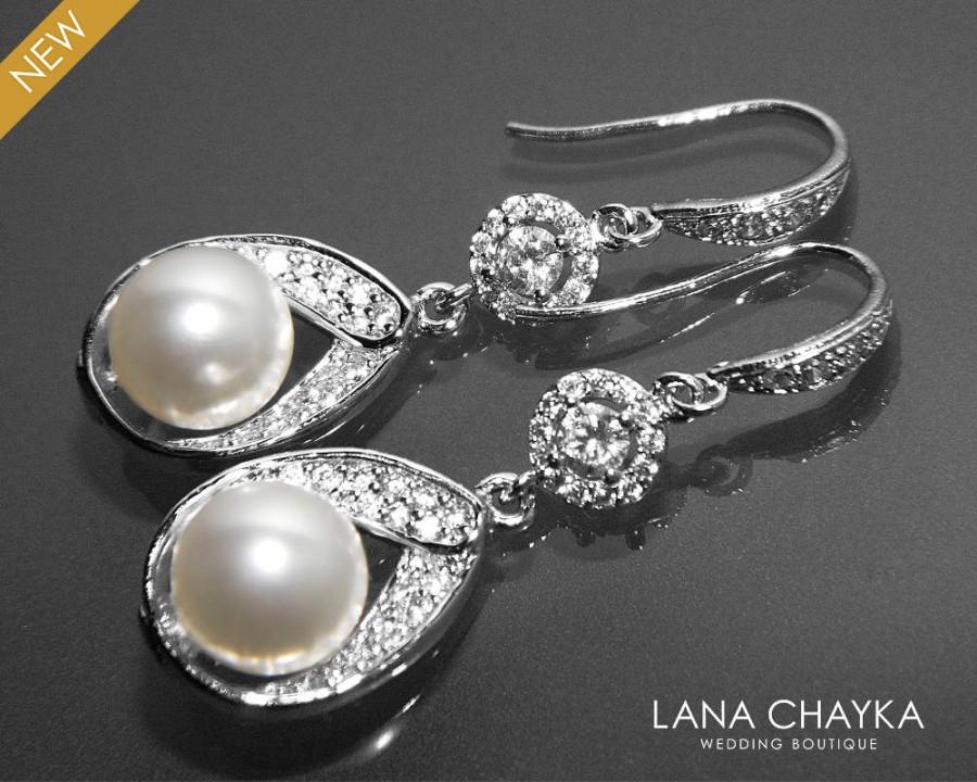 Wedding - Bridal White Pearl CZ Chandelier Earrings Swarovski White Pearl Wedding Earrings Bridal Pearl Silver Earrings Dangle Earrings Prom Jewelry - $32.00 USD