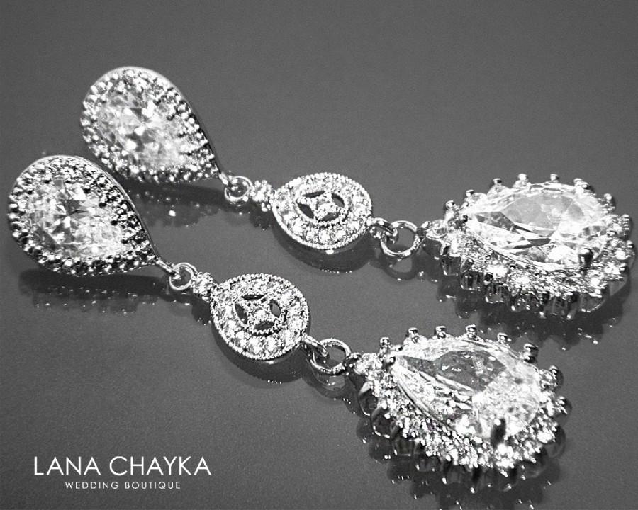 Wedding - Cubic Zirconia Chandelier Bridal Earrings Teardrop CZ Silver Earrings Bridal Crystal Jewelry Wedding CZ Earrings Bridal Bridesmaids Jewelry - $36.50 USD