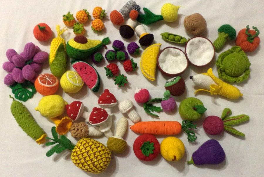 Hochzeit - Crochet play food set (45pcs) Crochet vegetables and fruit skitchen decoration, eco-friendly toys,Pretend play - Play food - Teething Toy