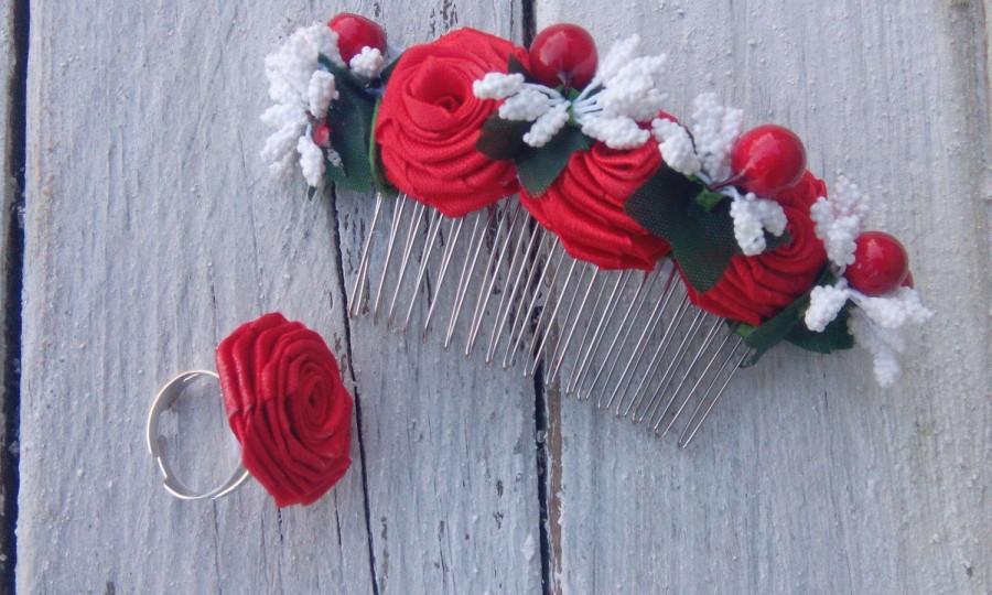 زفاف - SALE!!!Wedding set of decorative comb and ringBeautiful set for brideRed rosesCombs for hairBeautiful ringRing with a rose